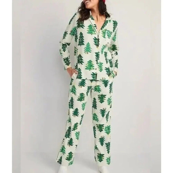 Old Navy Flannel Christmas Tree Print Pajamas 3 Piece Sleep Set Holiday Women’s - Picture 1 of 16